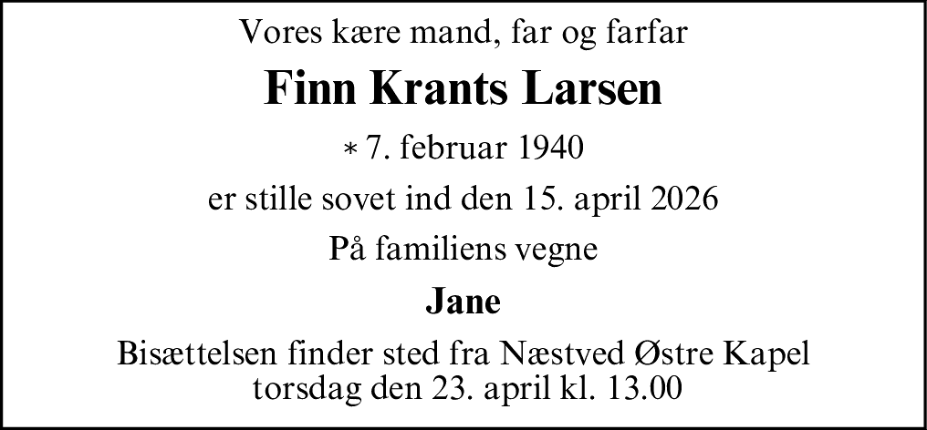 Dødsannonce for Finn Krants Larsen