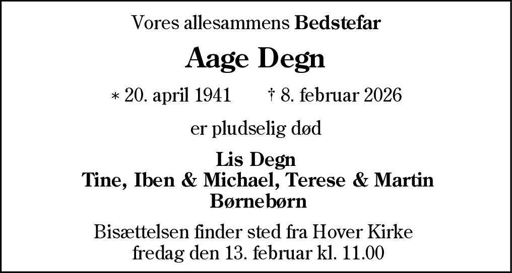 Dødsannonce for Aage Degn