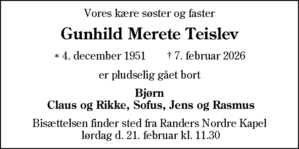 Dødsannonce for Gunhild Merete Teislev