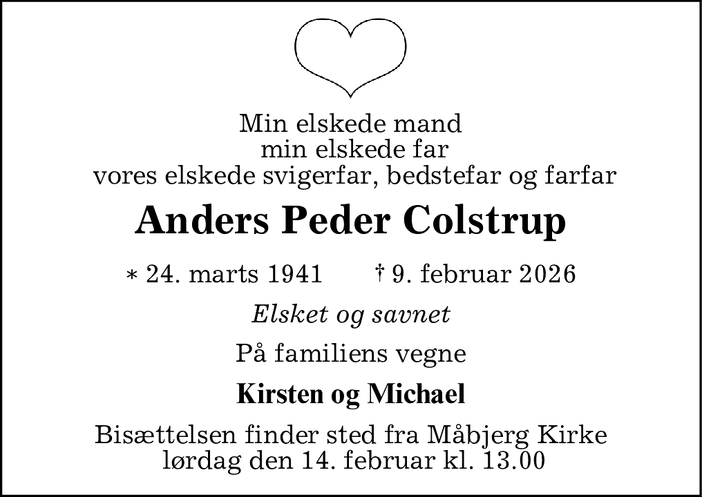 Dødsannonce for Anders Peder Colstrup
