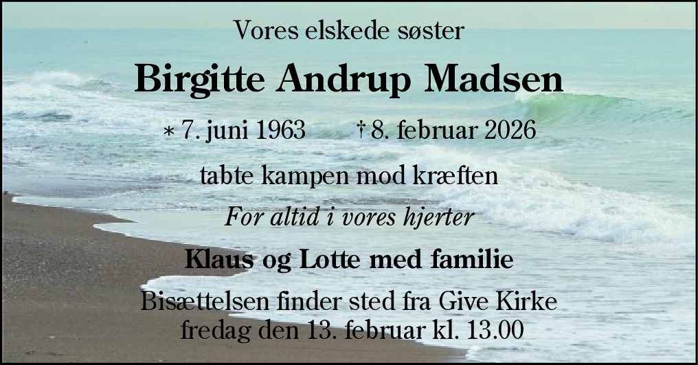 Dødsannonce for Birgitte Andrup Madsen