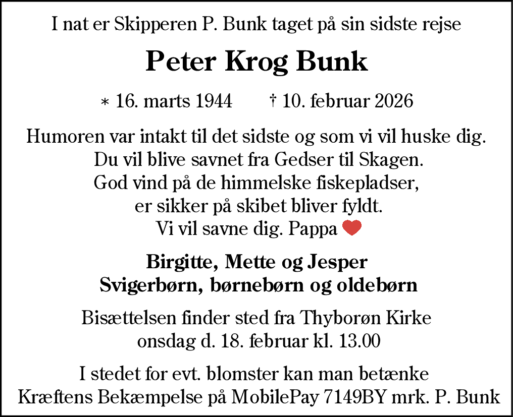 Dødsannonce for Peter Krog Bunk