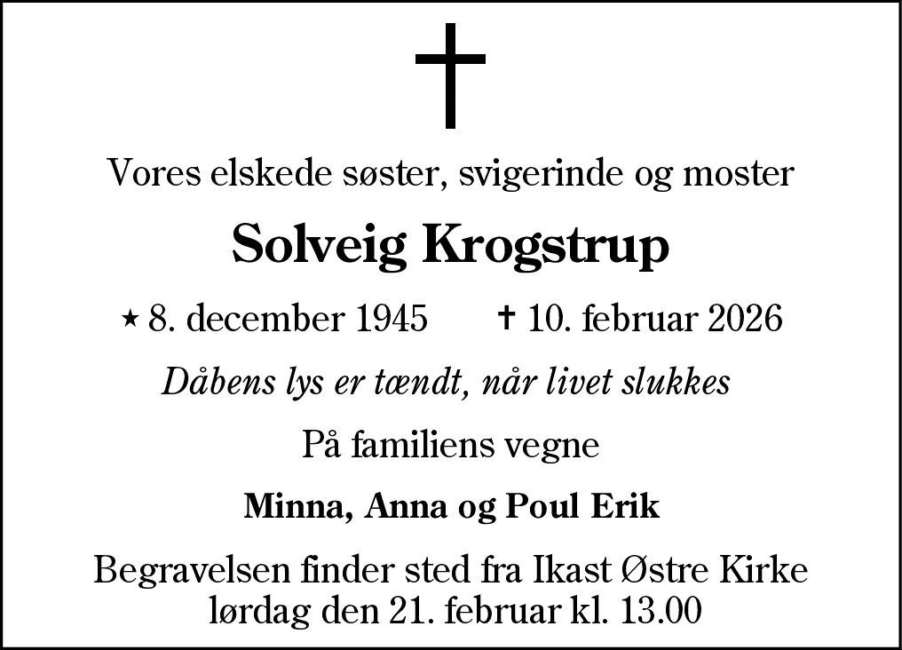 Dødsannonce for Solveig Krogstrup