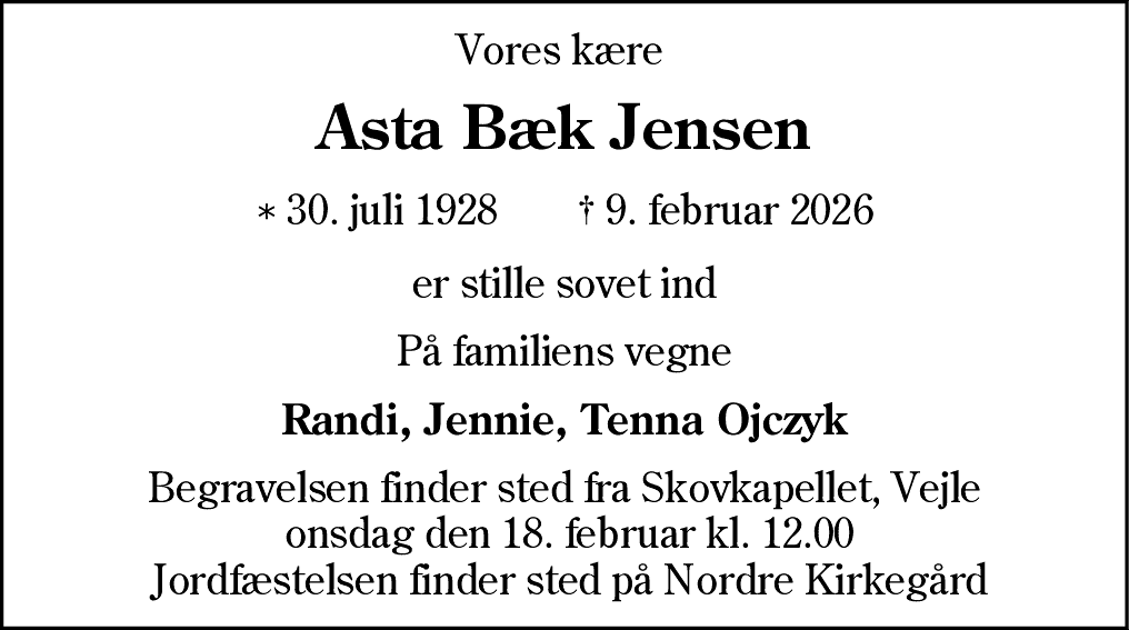Dødsannonce for Asta Bæk Jensen
