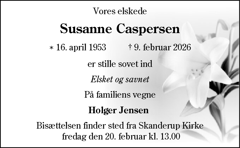Dødsannonce for Susanne Caspersen