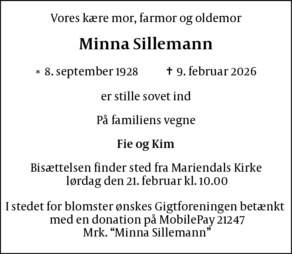 Dødsannonce for Minna Sillemann