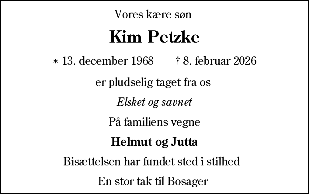 Dødsannonce for Kim Petzke