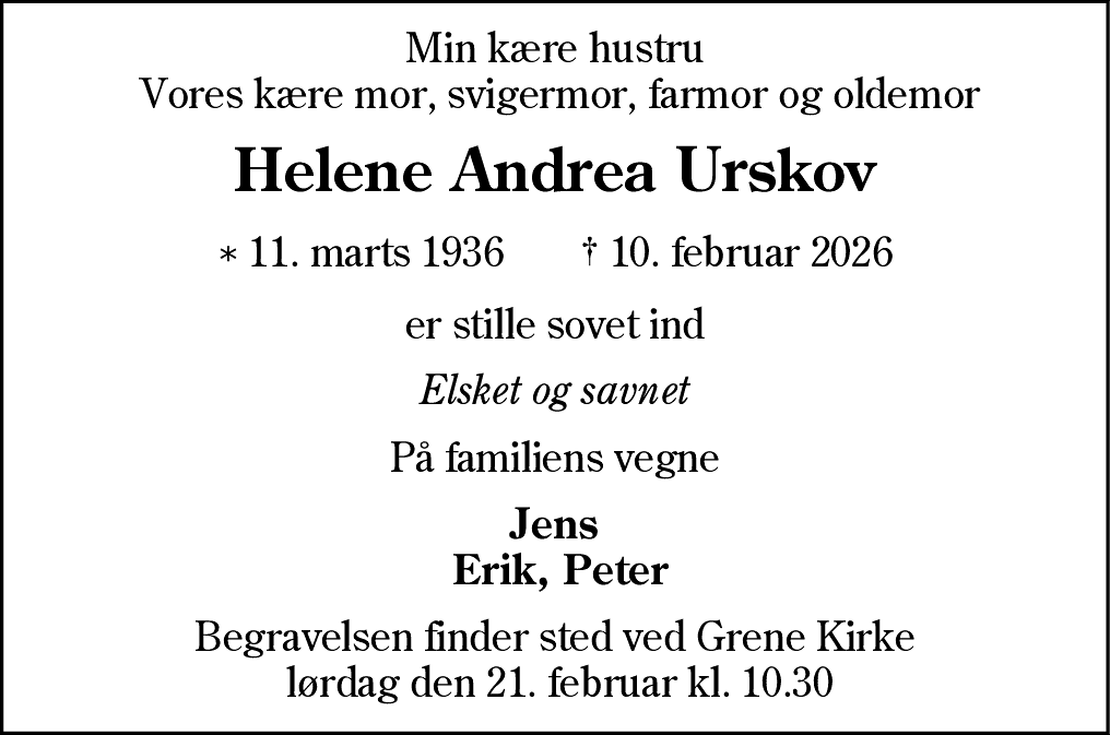 Dødsannonce for Helene Andrea Urskov