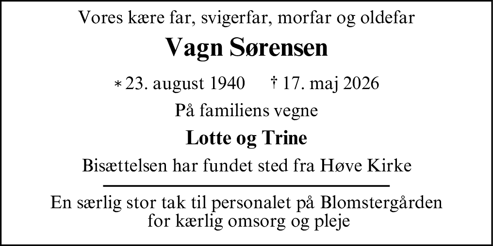 Dødsannonce for Vagn Richard Sørensen