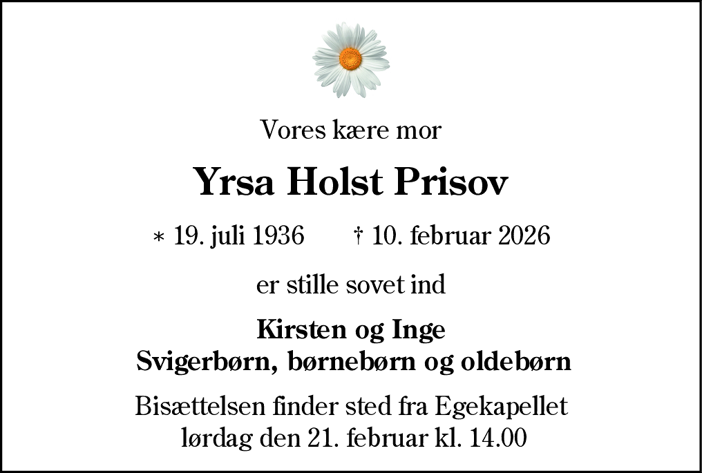 Dødsannonce for Yrsa Holst Prisov