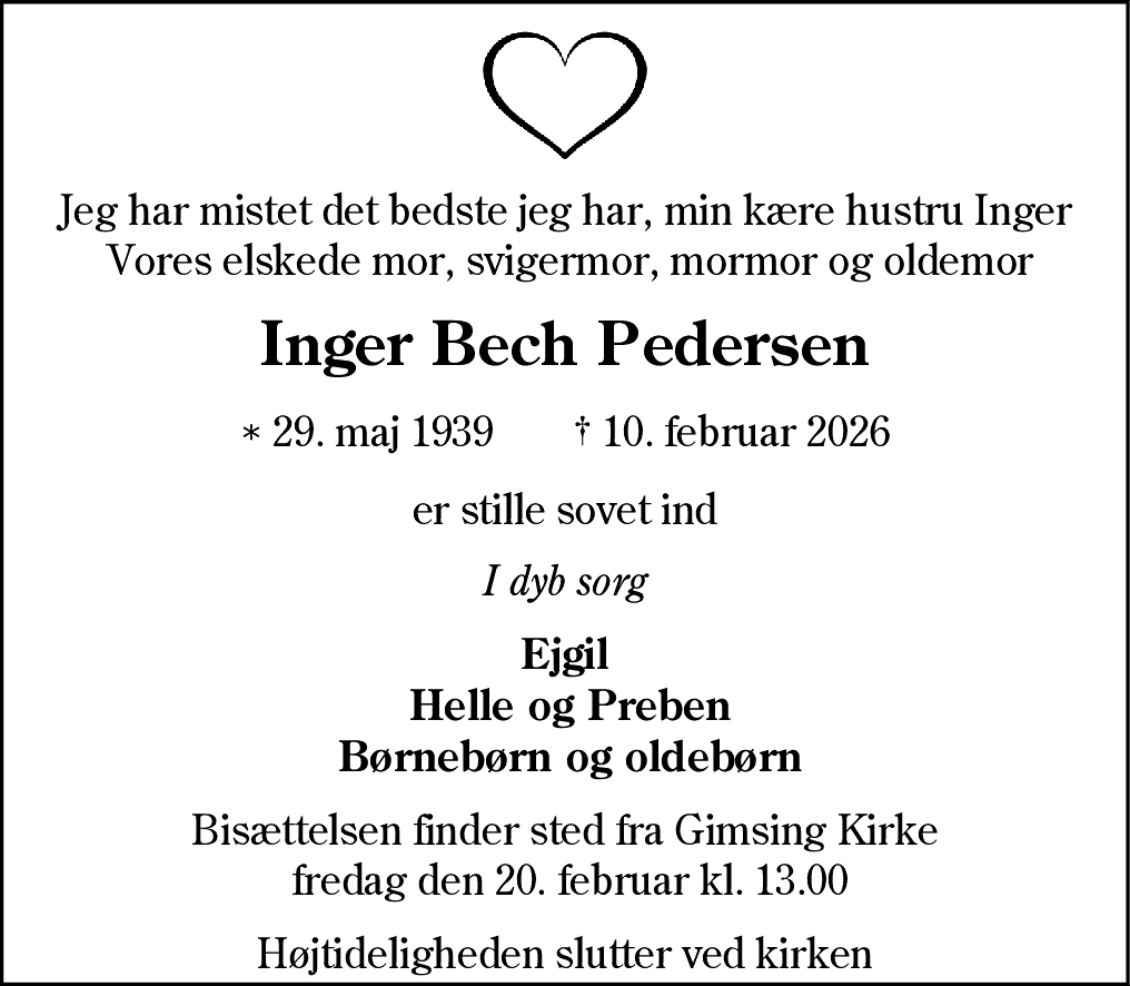 Dødsannonce for Inger Bech Pedersen