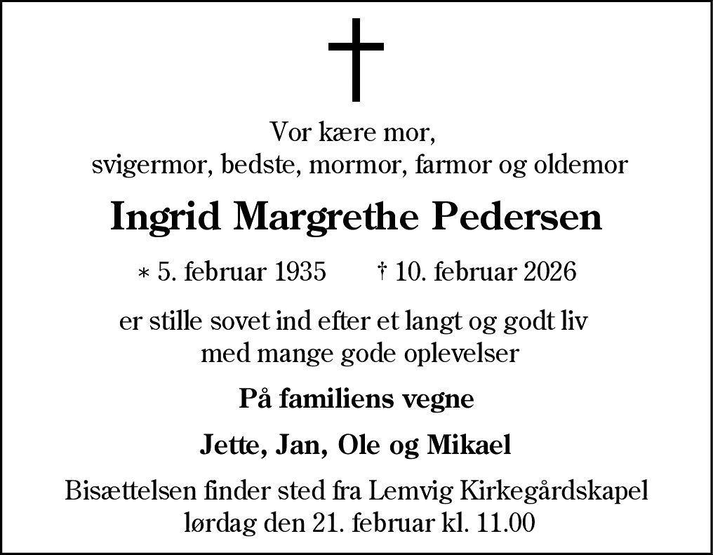 Dødsannonce for Ingrid Margrethe Pedersen
