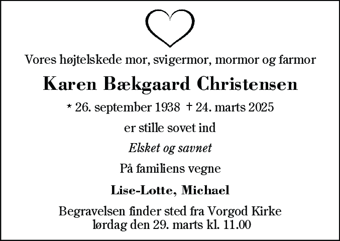 Dødsannonce for Karen Bækgaard Christensen