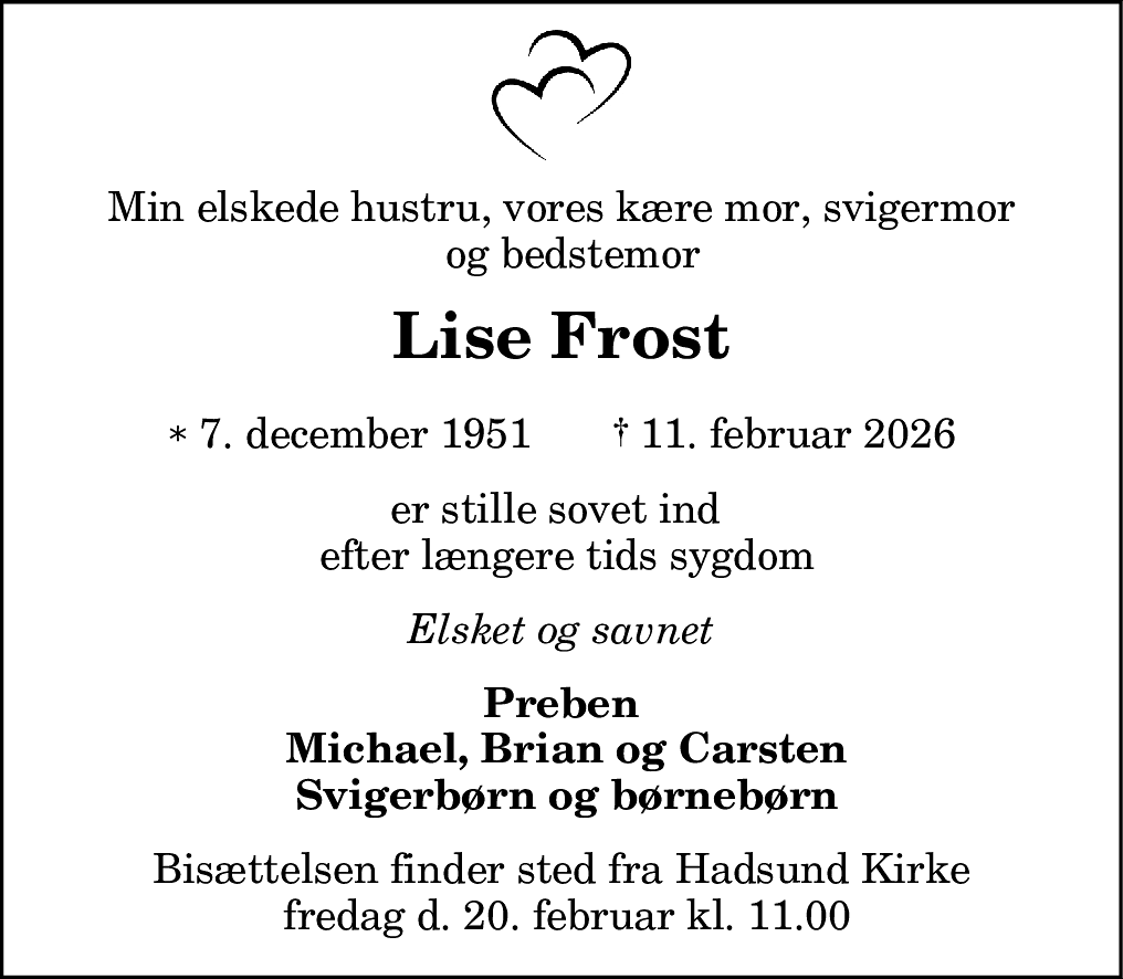 Dødsannonce for Lise Frost