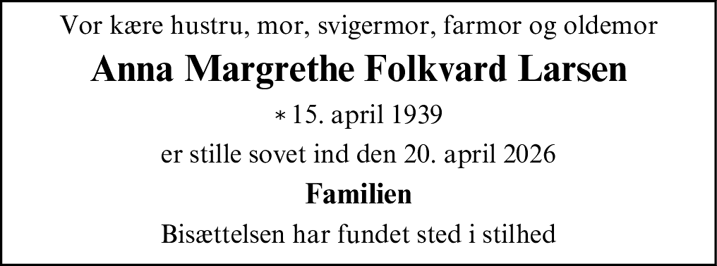Dødsannonce for Anna Margrethe Folkvard Larsen