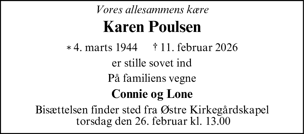 Dødsannonce for Karen Poulsen