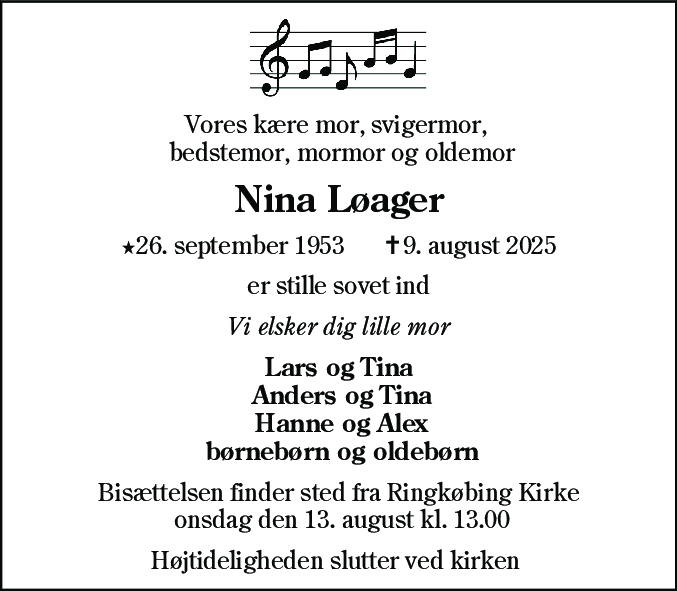 Dødsannonce for Nina Løager