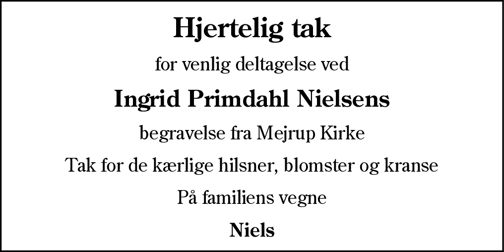 Dødsannonce for Ingrid Primdahl Nielsen