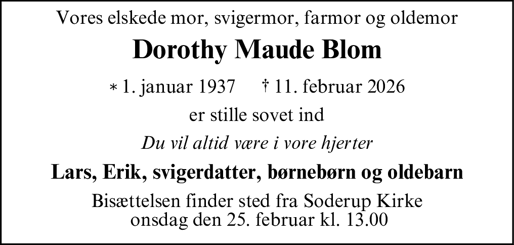 Dødsannonce for Dorothy Maude Blom