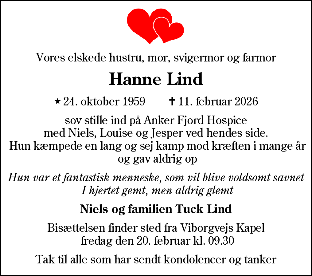 Dødsannonce for Hanne Lind