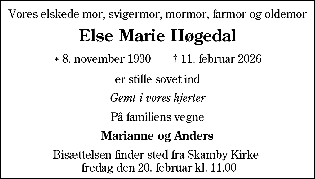 Dødsannonce for Else Marie Høgedal