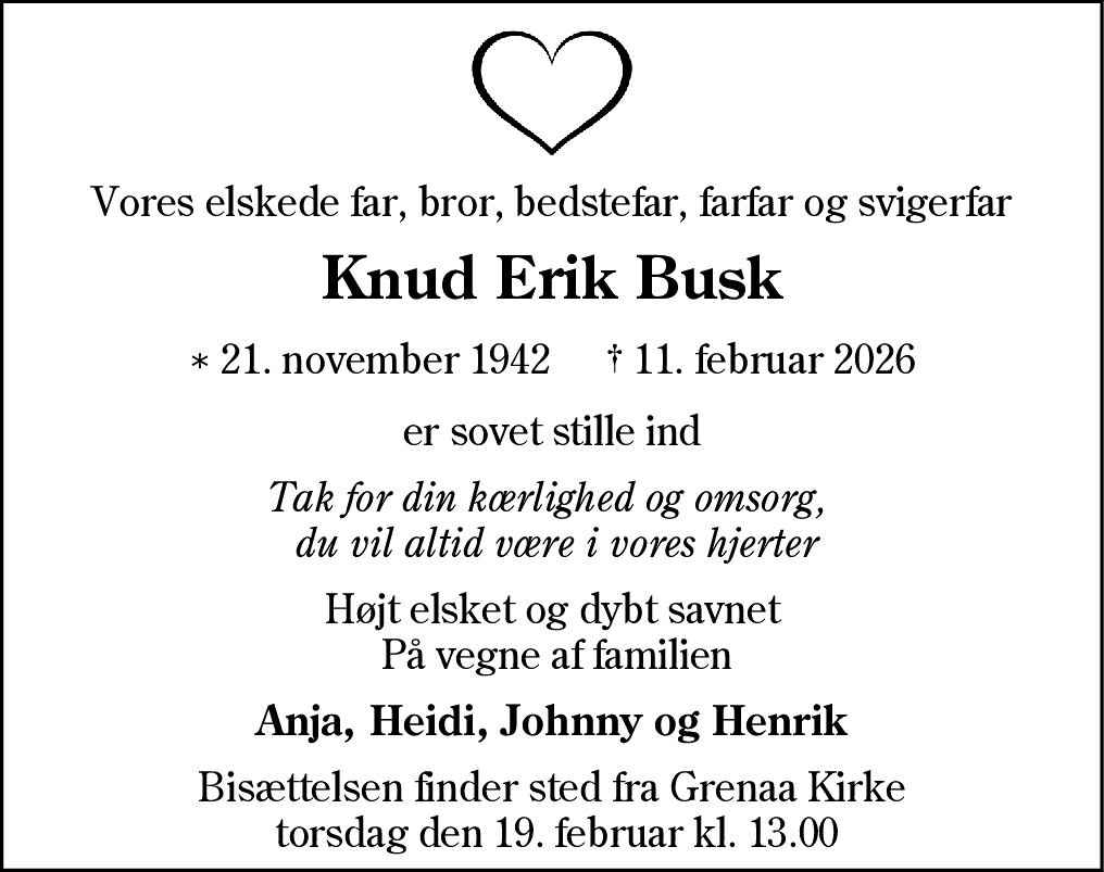 Dødsannonce for Knud Erik Busk