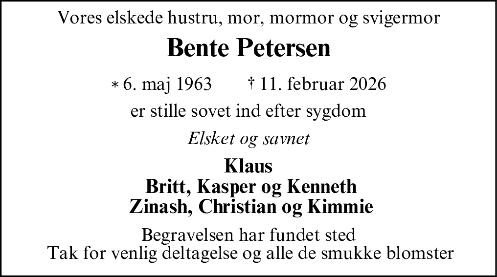 Dødsannonce for Bente Petersen