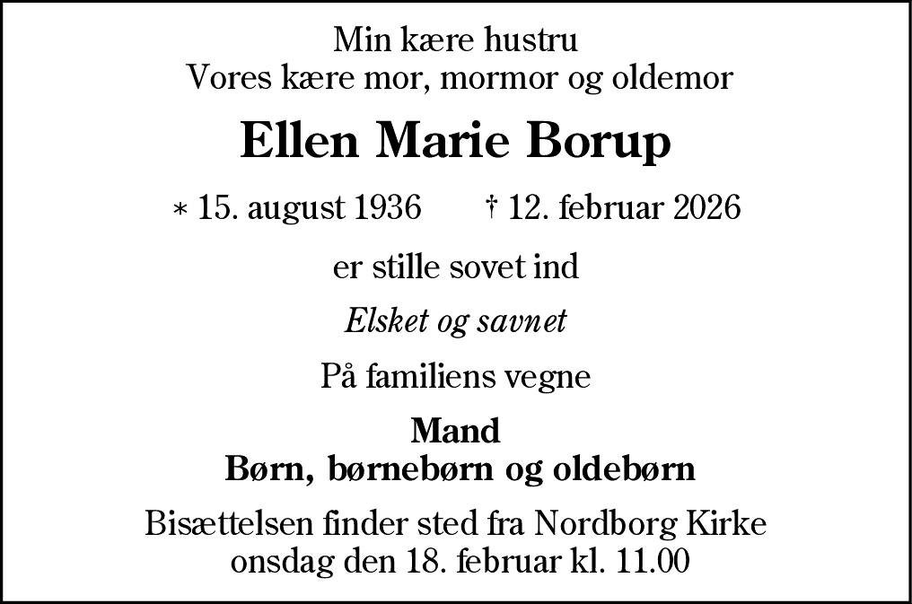 Dødsannonce for Ellen Marie Borup