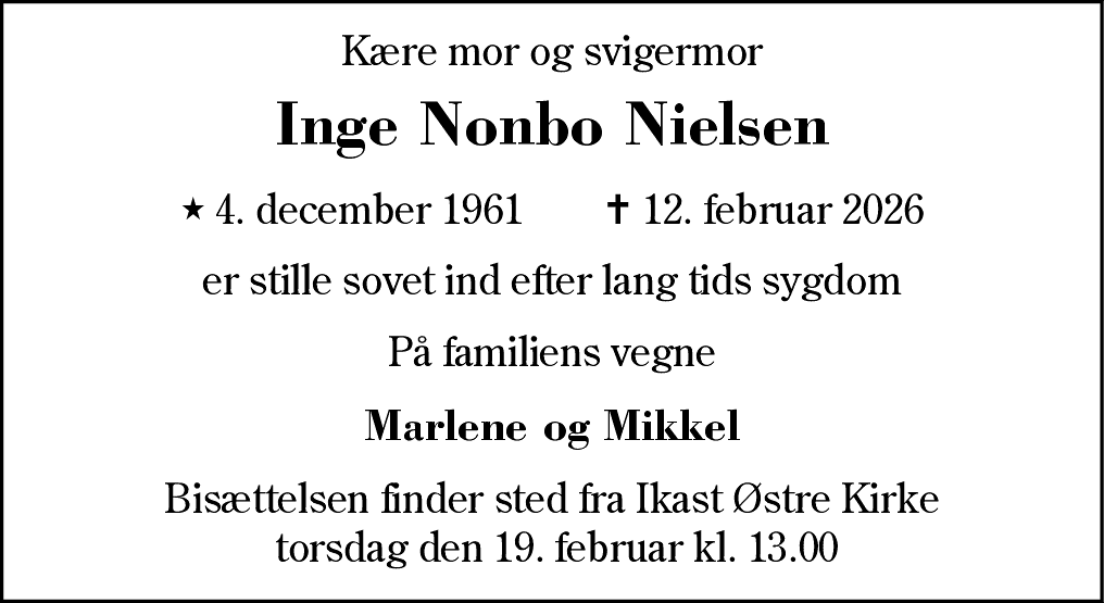 Dødsannonce for Inge Nonbo Nielsen