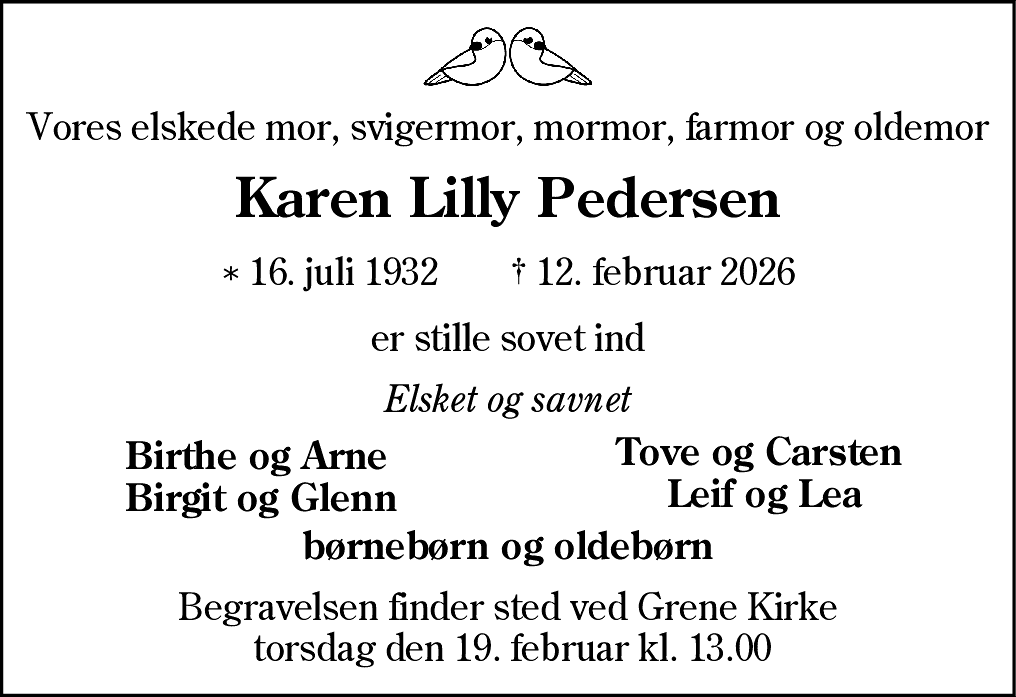 Dødsannonce for Karen Lilly Pedersen