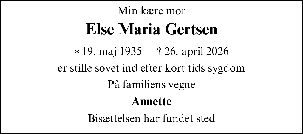 Dødsannonce for Else Maria Gertsen