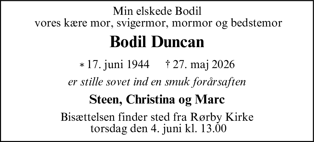 Dødsannonce for Bodil Irene Vibeke Duncan