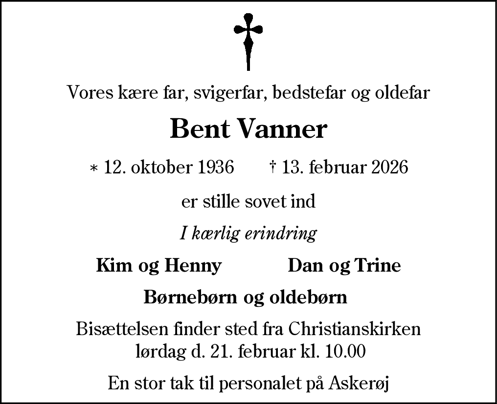 Dødsannonce for Bent Vanner