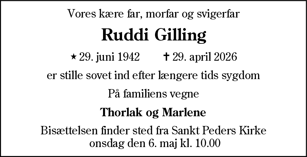 Dødsannonce for Ruddi Gilling