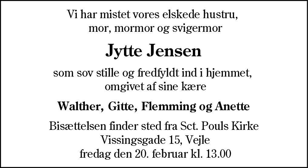 Dødsannonce for Jytte Jensen