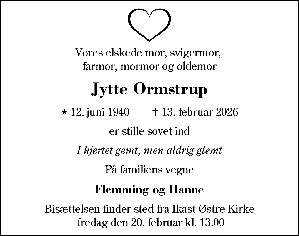 Dødsannonce for Jytte Ormstrup