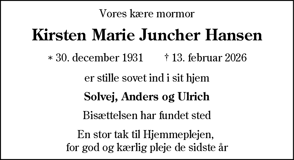 Dødsannonce for Kirsten Marie Juncher Hansen