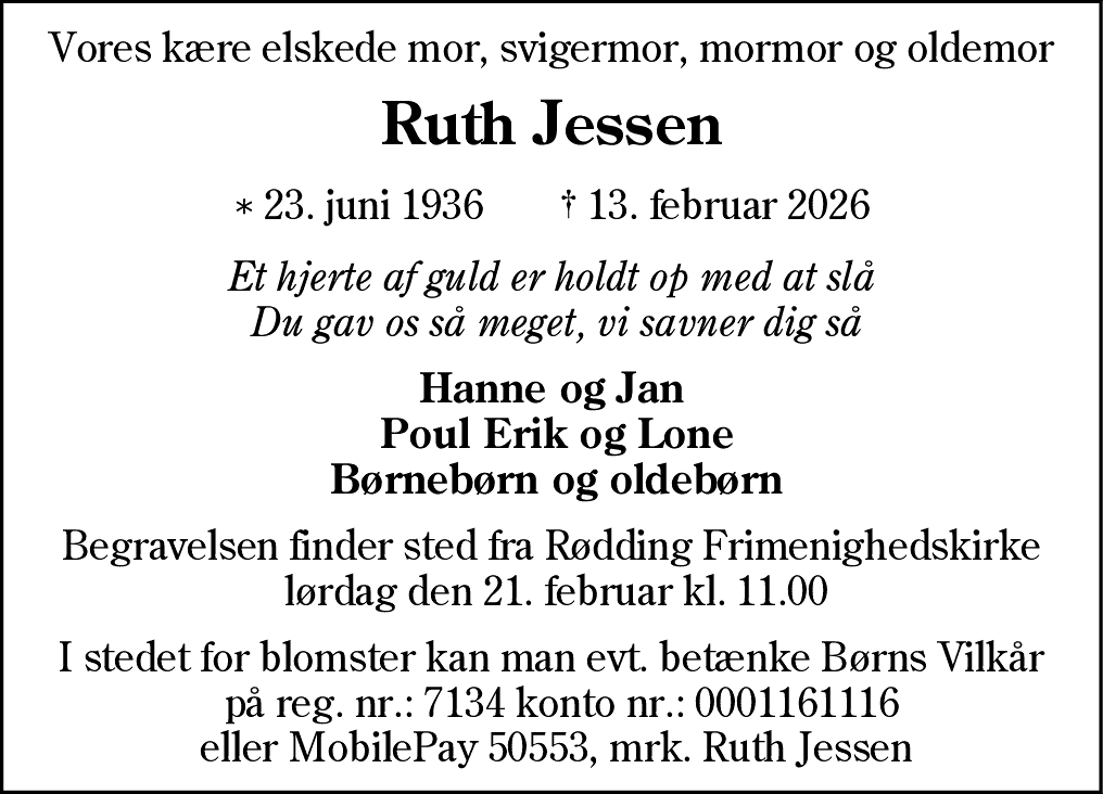 Dødsannonce for Ruth Jessen