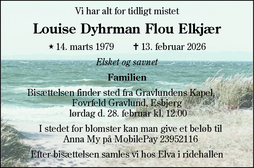 Dødsannonce for Louise Dyhrman Flou Elkjær