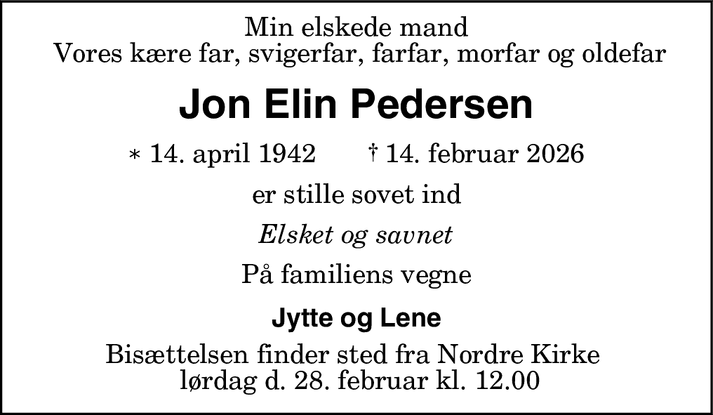 Dødsannonce for Jon Elin Pedersen