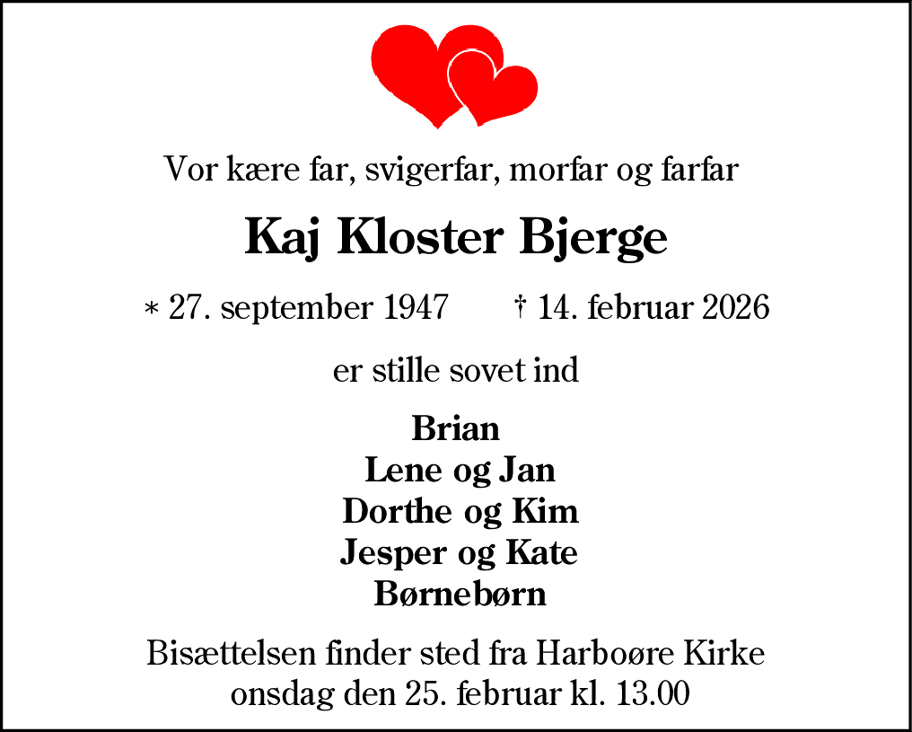 Dødsannonce for Kaj Kloster Bjerge
