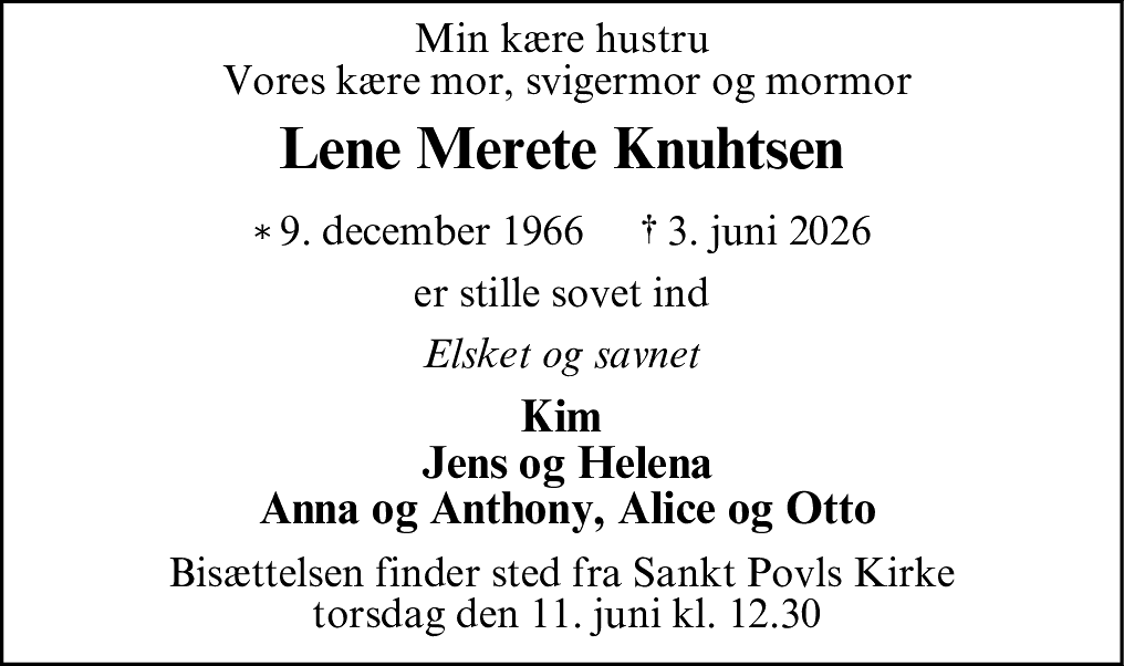 Dødsannonce for Lene Merete Knuhtsen