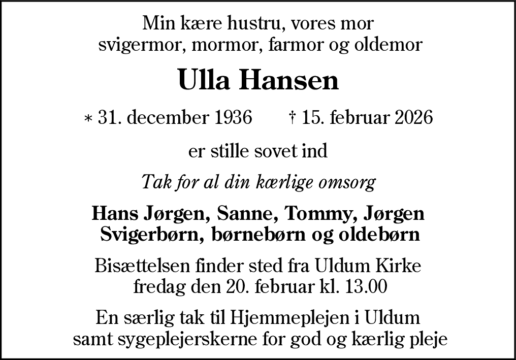 Dødsannonce for Ulla Hansen