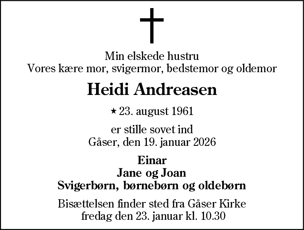 Dødsannonce for Heidi Andreasen