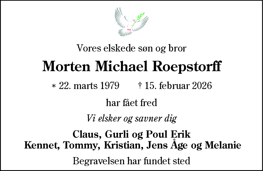 Dødsannonce for Morten Michael Roepstorff