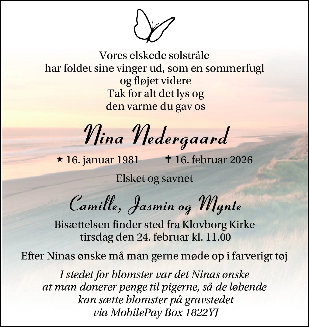 Dødsannonce for Nina Nedergaard