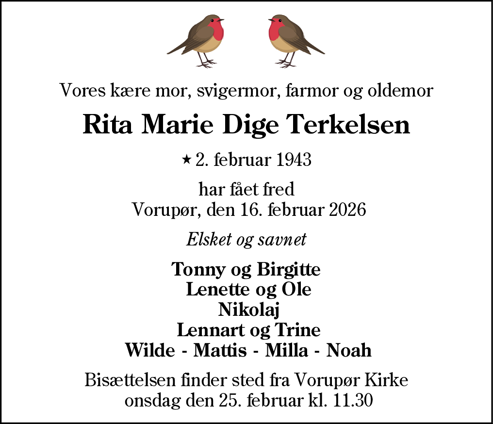 Dødsannonce for Rita Marie Dige Terkelsen