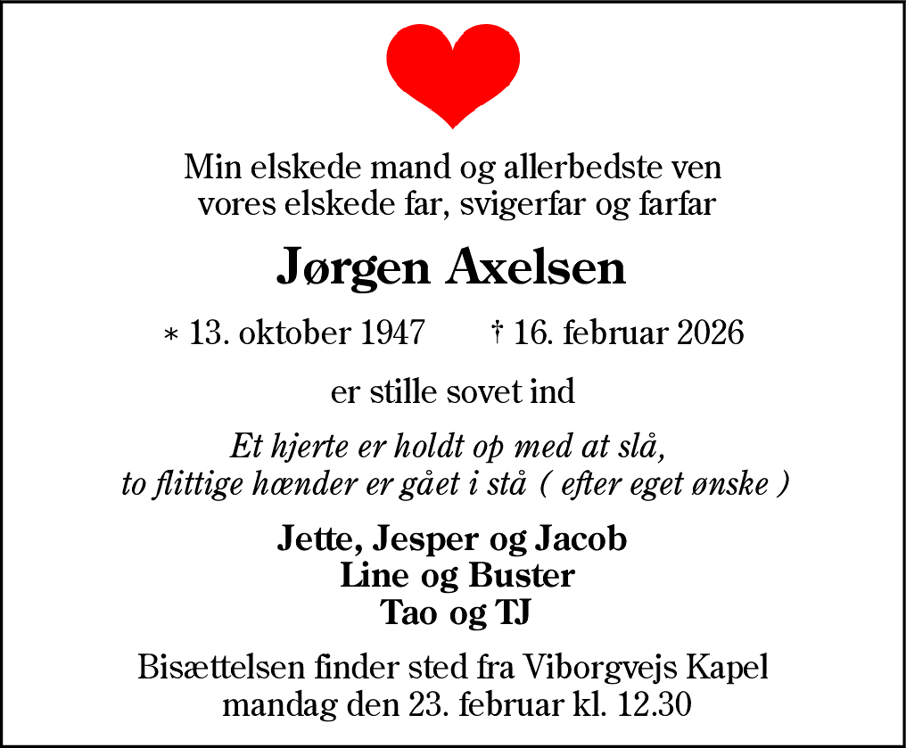 Dødsannonce for Jørgen Axelsen