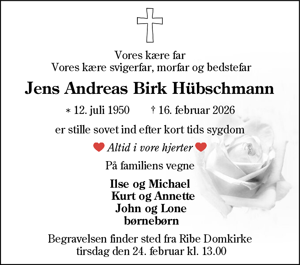 Dødsannonce for Jens Andreas Birk Hübschmann