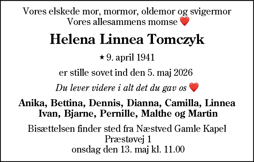 Dødsannonce for Helena Linnea Tomczyk